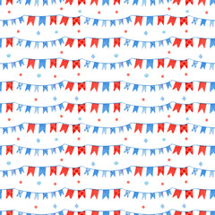 Seamless pattern with flags and confetti. Watercolor white background in blue and red colors for christmas wrapping paper and holidays fabric