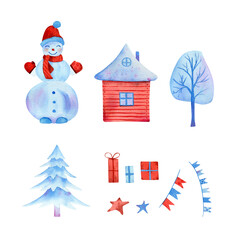 Watercolor illustration with snowman, christmas tree in blue colors, winter house with chimney, hoarfrost tree, gifts, stars, flags in red and blue