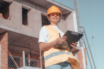 Mujer obrera de una constructora revisando sus objetivos de obra con una sonrisa de felicidad en la...
