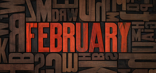 Retro letterpress wood type printing blocks - February