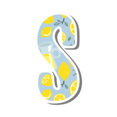 Cute lowercase alphabet 's' with Lemonade Pattern on white silhouette and gray shadow. Lovely letter design for decoration. Vector Illustration about lettering.