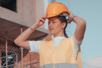 Mujer joven ingeniera retocándose el casco de seguridad para comenzar con la construcción de la estructura para la inmobiliaria junto con otros trabajadores de obra