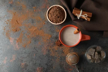 Schilderijen op glas Concept of tasty drink with cocoa on dark background © Atlas