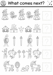 What comes next. Black and white fairytale matching activity with traditional fantasy symbols and characters. Funny magic kingdom puzzle or coloring page. Continue the row game..