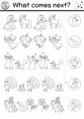 What comes next. Black and white fairytale matching activity for preschool children with fantasy creatures. Funny magic kingdom puzzle or coloring page. Continue the row game.