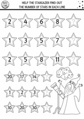 Naklejka premium Help the stargazer find out the number of stars. Black and white continue the row game with numerals and cute fairytale character. Magic kingdom logical math activity or coloring page for kids.