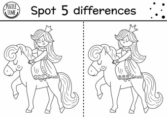 Black and white find differences game for children. Fairytale educational activity with cute princess and mirror. Magic kingdom puzzle for kids. Fairy tale printable worksheet or coloring page.