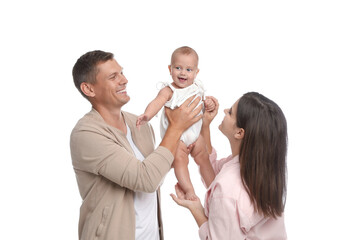 Obraz na płótnie Canvas Portrait of happy family with their cute baby on white background