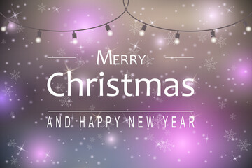Merry Christmas and Happy New Year lettering on colorful background with snowflakes, stars and garland. Christmas background. Vector illustration.