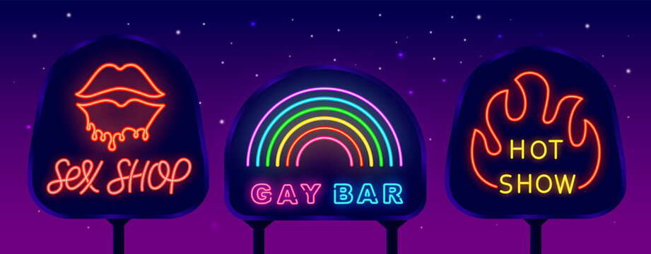Sex shop neon emblems on street banner. Gay bar and hot show. Neon lettering. Isolated vector stock illustration