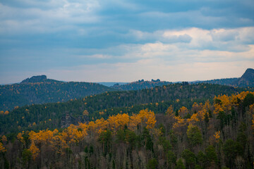 Panorama of the autumn forest against the blue sky with clouds.