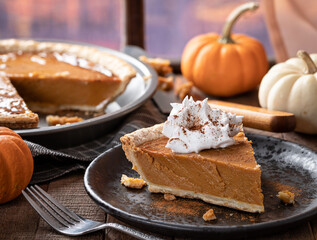 Slice of pumpkin pie with whipped cream and cinnamon