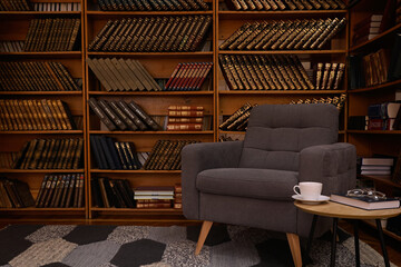 Cozy home library interior with comfortable armchair and collection of vintage books on shelves