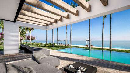 3d rendering of modern cozy house with pool and parking for sale or rent in luxurious style by the sea or ocean. Sunny day by the azure coast with palm trees and flowers in tropical island © korisbo