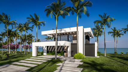 Fototapeta na wymiar 3d rendering of modern cozy house with pool and parking for sale or rent in luxurious style by the sea or ocean. Sunny day by the azure coast with palm trees and flowers in tropical island