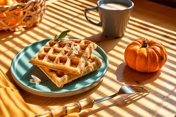 Healthy autumn breakfast. Pumpkin spice Belgian waffles with orange honey on light blue plate on wooden table. Autumn seasonal sweet food.