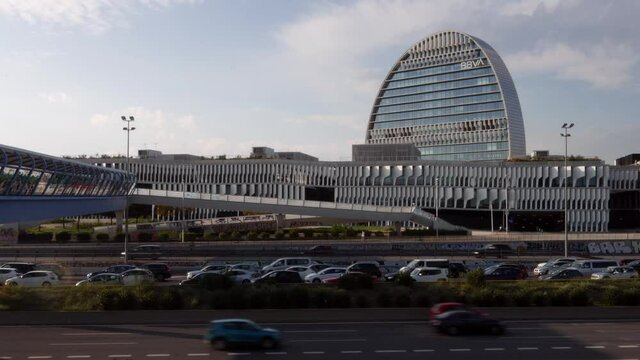 MADRID, SPAIN - Sep 30, 2021: The cars driving on the highway in the Northern part of Madrid City, Spain in 4K