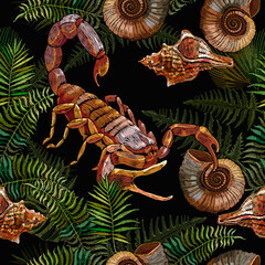 Embroidery. Ammonite fossil, scorpion and palm leaves. Night tropical forest seamless pattern. Halloween style. Romantic gothic template for clothes, print