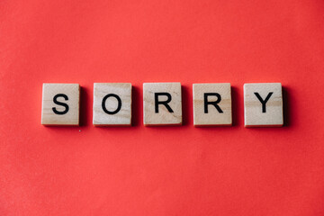 The word Sorry written in wooden blocks with letters on a red paper background. Copy space