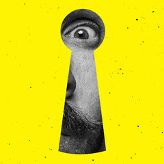 Contemporary art collage of man looking through the keyhole isolated over yellow background