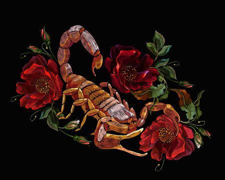 Scorpion and red roses flowers. Embroidery art. Gothic halloween style. Romantic dark fairy tale. Fashion template for clothes