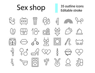 Sex shop outline icons set. Adult toys. Customizable symbols collection. Editable stroke. Isolated vector illustration