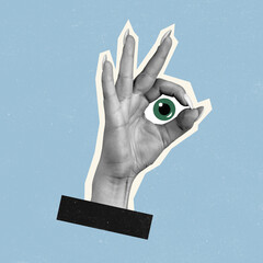 Contemporary art collage of human hand showing okey gesture with green eye isolated over blue...