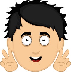Vector emoticon illustration of the face of a young cartoon man with gesture in his hands of love and peace or v victory