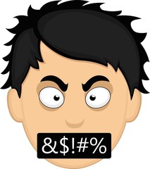 Vector emoticon illustration of a cartoon young man's face with an angry and insulting expression