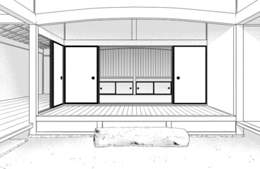漫画風ペン画イラスト　和風_台所