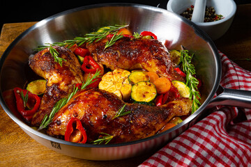 Fried chicken legs with various vegetables and spices