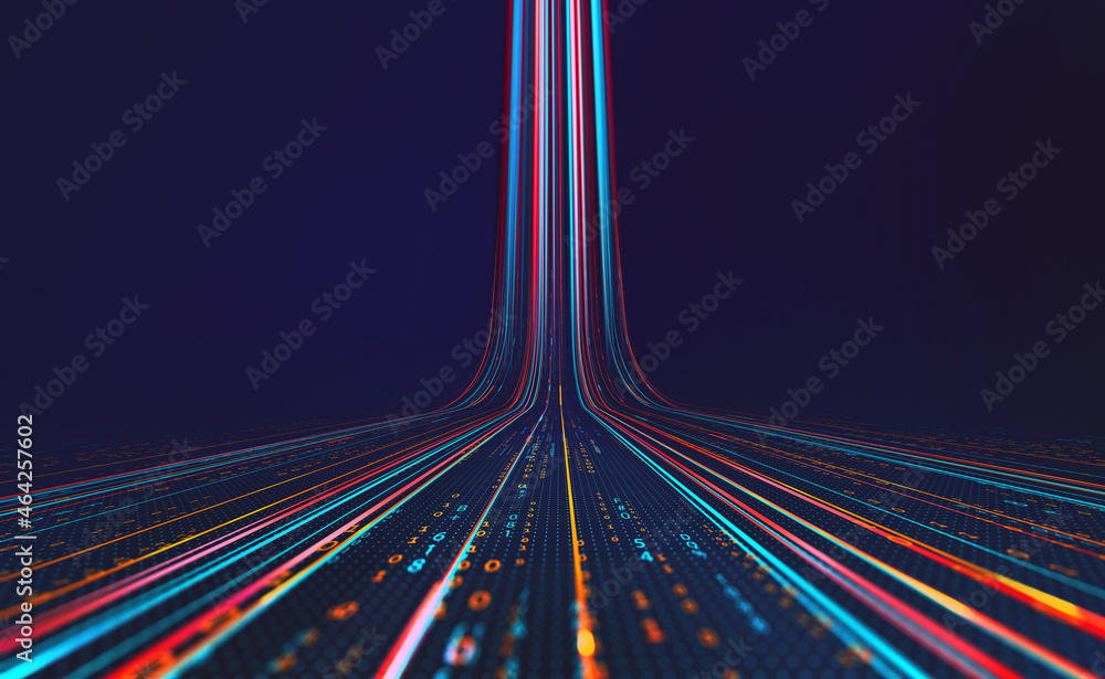 Poster High-speed data transfer. Big data visualization, internet technology 3D illustration. Neural network control, futuristic digital background. Data flow and business intelligence presentation