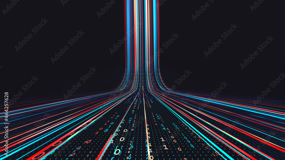 Poster Sci-fi tech cyber futuristic 3D illustration. Abstract data gateway. Protected information flow. Big data loop. Streaming Internet Technologies