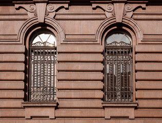 Santos city. Two windows in the building of the 1922 Official Coffee Exchange. Architecture in an...
