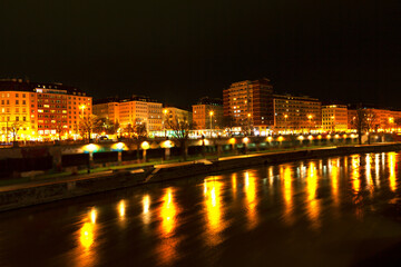 Night view of Danube riverside district in Vienna Austria . European capital city in the nighttime