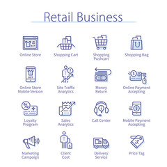 Fototapeta na wymiar Retail business set icons. Shop sales analytics