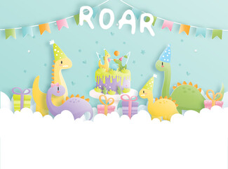 Birthday card with cute dinosaur and gift boxes, Birthday cake. 