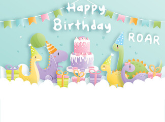 Birthday card with cute dinosaur and gift boxes, Birthday cake. 