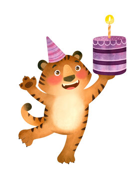Happy Tiger in a Birthday cap and with a Birthday  cake with a candle