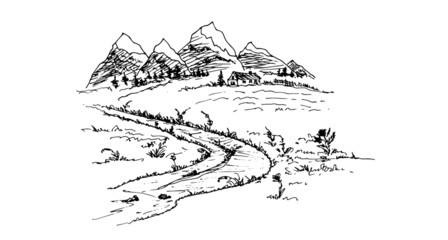 Rural landscape with house, mountains, alpine meadow. Vector illustration. Sketch.