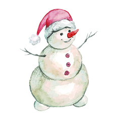 Watercolor vector illustration of a snowman on a white background.
Winter holidays cartoon isolated cute funny snowman design card. Snow holiday season xmas