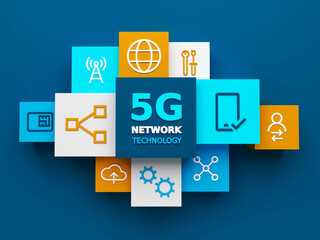 3D render of top view of 5G NETWORK TECHNOLOGY business concept with symbols on colorful cubes on dark blue background