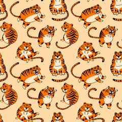 Vector pattern with cute happy tigers, wild animal, tiger in cartoon style. Illustration for posters, postcards, T-shirts, fabrics.