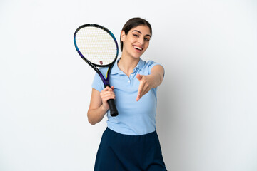 Handsome young tennis player caucasian woman isolated on white background shaking hands for closing...