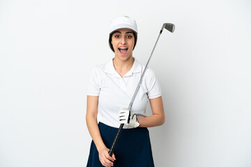 Handsome young golfer player woman isolated on white background with surprise facial expression