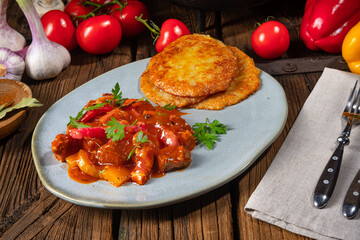 Original Hungarian goulash with potato pancakes