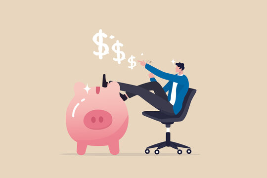 Personal finance expert, success salary man with high saving rate, investment or wealth management, income tax concept, confidence businessman sit with wealthy piggy bank thinking about money profit.
