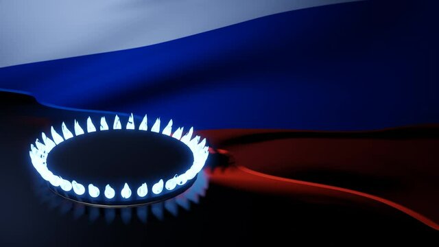 3d render. Burning gas burner against the background of the Russian flag. Gas price increase concept. economic problems due to rising gas prices.
