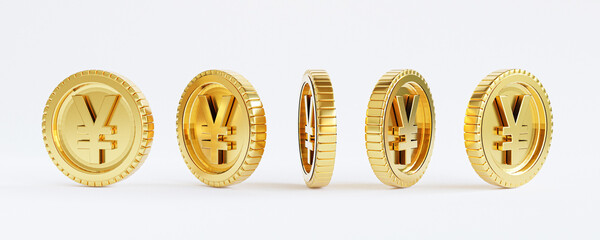 isolated of golden Yuan and Yen coins in different angle on white background , Yuan and Yen is top...