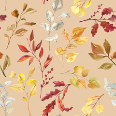 Watercolor hand painted fall botanical leaves and branches illustration seamless pattern, wallpaper, wrapping paper